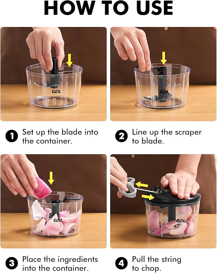 GDL Food Chopper, Pull Onion Chopper Dicer, Hand Powered Food Chopper, Fast Cutting Hand Chopper Mincer for Oinon, Garlic, Nut, 3.4 Cups 0.8L, Black