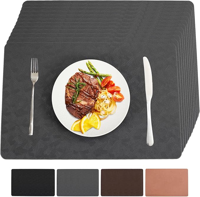 Vinyl Placemats Set of 12 Heat Resistant Easy Clean Non-Slip Place Mats for Dining Table Faux Leather Waterproof Stain Resistant Wipeable Washable PVC Table Mats(12, Gray)