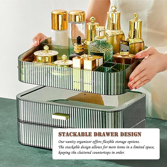 Makeup Organizer with Drawers, Stackable Cosmetics Organizer, Large Make Up Organizer Storage Box, Ideal for Bathroom Countertop and Desk (1 x Tray, Green)