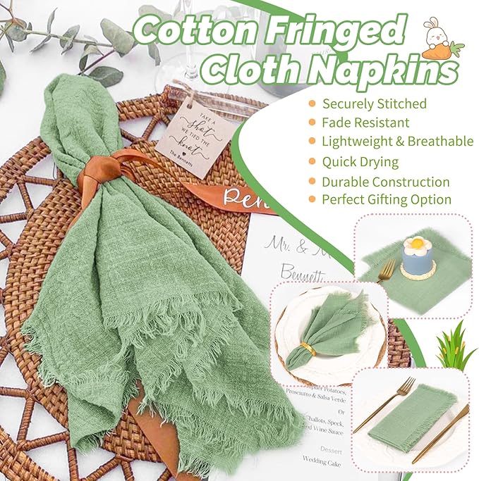 Showgeous 30 Pack Sage Green Cloth Napkins with Fringe 16x16 inch 100% Cotton Green Napkins Handmade Dinner Napkins Bulk Washable Soft Rustic Table Napkins for Wedding Parties Bridal Baby Shower