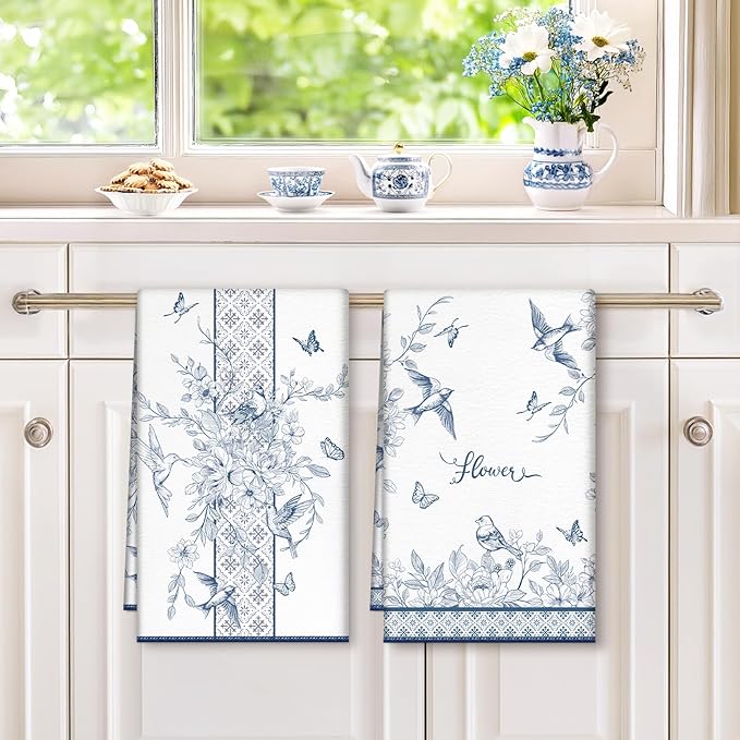 Vintage Bird Floral Microfiber Kitchen Towels, Soft Absorbent Hand Towel 15.7 × 23.6 inch, Thick Dish Cloth for Party Anniversary Holiday Decoration, Housewarming Gifts for Mom