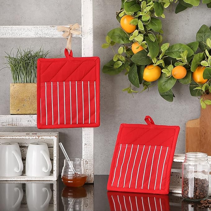 Professional and Commercial Grade, Chef Stripe Kitchen, Potholders, Tango Red