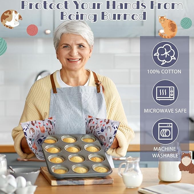 Cunhill 4 Pcs Cotton Microwave Bowl Cozy Holders for Hot Food Hot Pads Soup Bowl Potholders Heat Resistant Multipurpose Quilted Safe Holders for Kitchen Plate Supply(Light Gray,Cat Style)