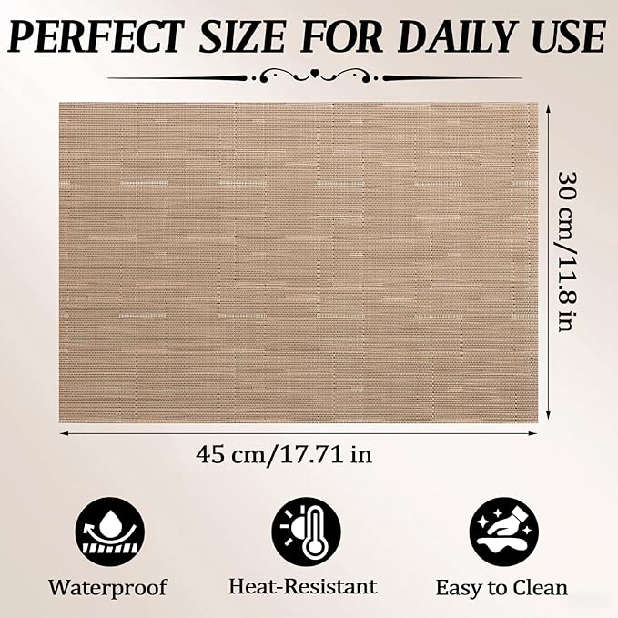 Timeet Placemats Set of 8, Heat Resistant Non-Slip Place Mats, Durable Washable PVC Vinyl Woven Table Mats, Linen Textured Table Placemats for Dining Kitchen Resistant Easy to Clean(Brown)
