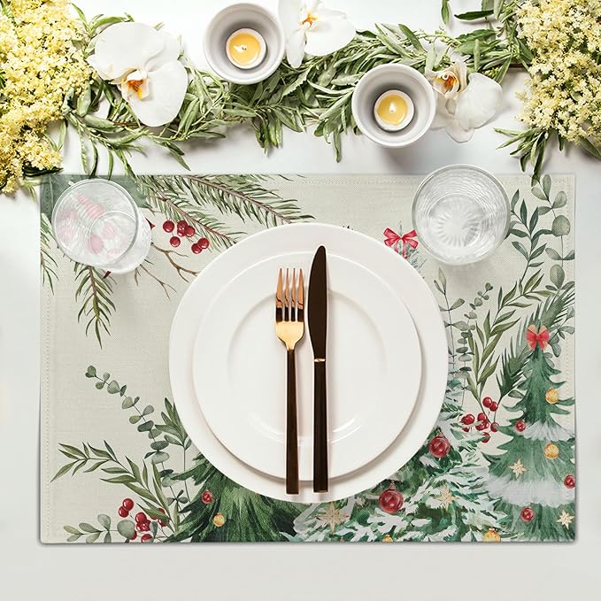 Christmas Placemats for Dining Table Set of 4, Watercolor Xmas Tree Red Bird Washable Non-Slip Heat Resistant Line Fabric Place Mats Winter Table Mats 12x18 Inch for Holiday Decor Party