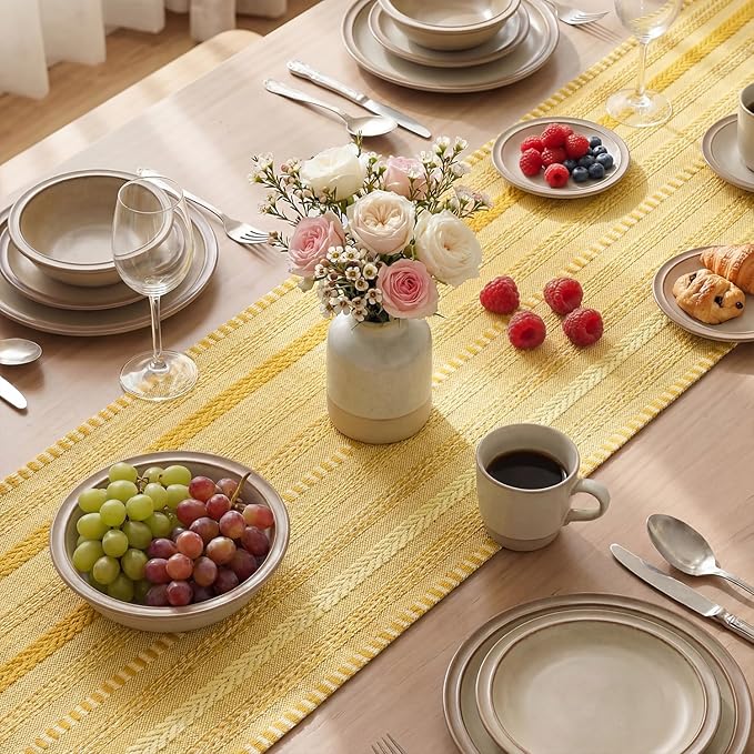Artoid Mode Yellow Farmhouse Woven Table Runner, Seasonal Holiday Rustic Kitchen Dining Table Decoration for Home Party Decor 12x72 Inch