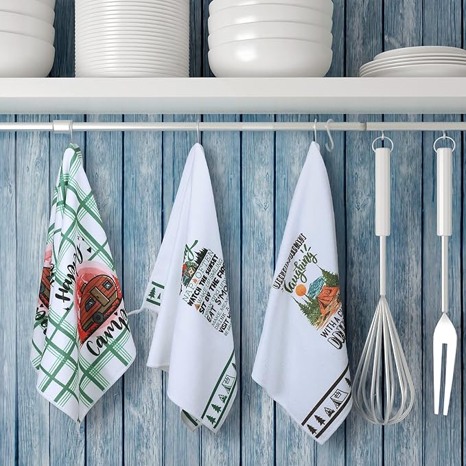 Oudain Set of 6 Camping Kitchen Towels Decor 24 x 16 Inches Happy Camper Dish Hand Tea Towels Kit Printed with Funny Sayings Novelty Gifts for Farmhouse Rv Home Accessories Decorations