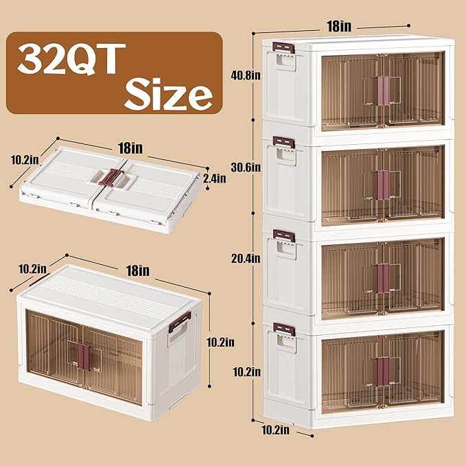 32GAL/128QT 4 tier large stackable storage bins with lid and wheels, collapsible storage bins plastic with doors，suit for clothes, closet, home and office
