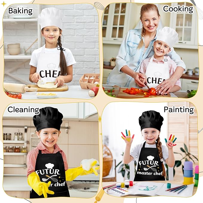 GROBRO7 4Pcs Kids Apron and Chef Hat Set Gift for Boys Girls, Chef in Training Future Master Chef Pattern Adjustable Kitchen Apron with 2 Pockets Waterproof Smocks for Baking Cooking Painting Training