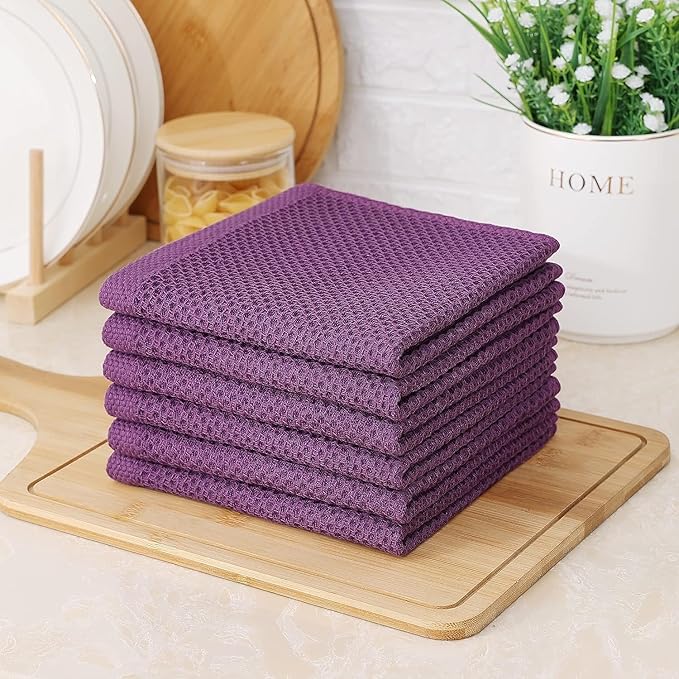 Kitinjoy 100% Cotton Kitchen Dish Cloths (12 X 12 Inches, Violet), 8 Pack Waffle Weave Ultra Soft Absorbent Dish Towels for Drying Dishes Quick Drying Kitchen Towels Dish Rags