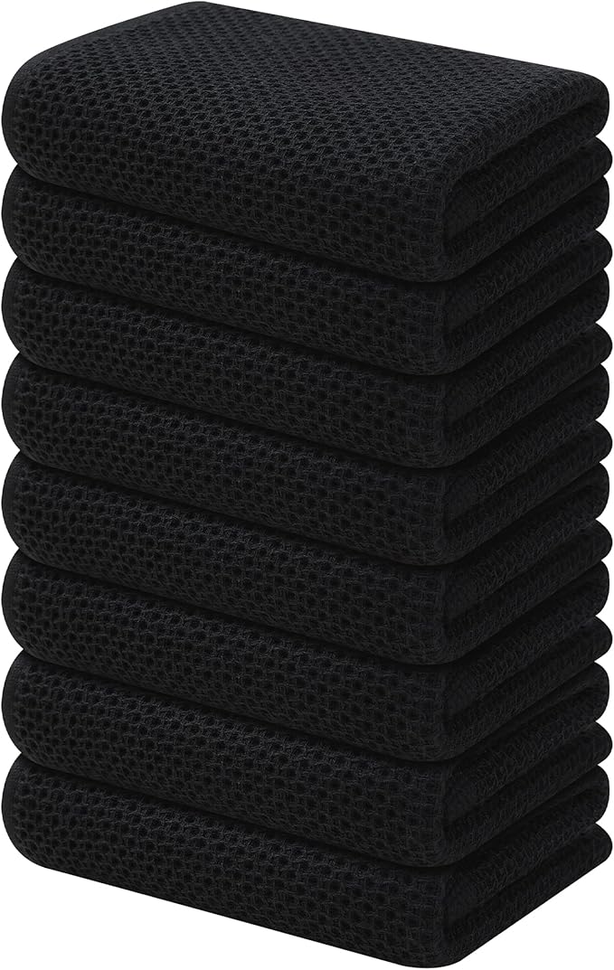 Kitinjoy 100% Cotton Waffle Weave Kitchen Hand Towels (13 x 28 Inches, Black), 8-Pack Super Soft and Absorbent Dish Towels for Drying Dishes