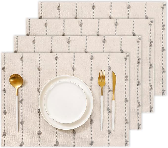 Boho Placemats 13 x 19 Inch Set of 4 for Dining Table Decor Woven Cloth Place Mats for Farmhouse Rustic Kitche Spring Home Decor Cotton Placemats Gray and Beige Table Mats