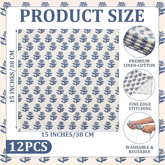 Mindsoft Set of 12 Floral Cloth Napkins Linen Cloth Napkins Spring Flower Wildflowers Dinner Napkin 18 x 18 Inch Vintage Washable Reusable for Dinner Home Restaurant Wedding Decor(Blue,12 Pcs)