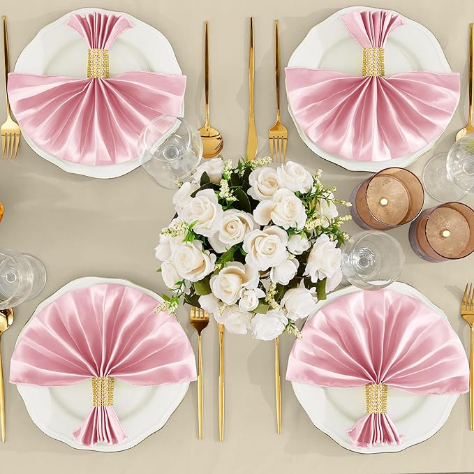 RUDONG M 100 Pcs Light Pink Satin Napkins and Napkin Rings Set, 17 x 17 Inch Square Cloth Napkins Set of 50, Silky Soft Table Napkins Bulk for Weddings, Banquet, Parties Dinner Decoration