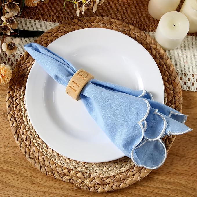 Mindsoft 8 Pcs Blue Wedding Cloth Napkins Scalloped Embroidered Dinner Napkins 100% Cotton Reusable Washable Decorative Table Napkin for Weddings Dinner Restaurant Party Decoration, 18 x 18 Inch