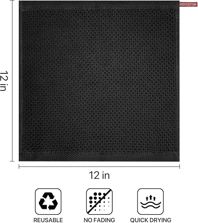100% Cotton Waffle Weave Kitchen Towels, 6 Pack Dish Cloths for Washing Dishes, Ultra Soft Absorbent Dish Towels, Quick Drying Kitchen Rags, 12x12 Inches, Black