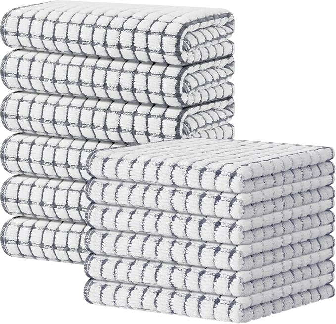 Kitinjoy Cotton 12 Pack Kitchen Towels and Dishcloths Sets, 16 x 25 Inch & 12 X 12 Inch Dish Towels Bulk, Super Soft and Absorbent Hand Towels for Kitchen Drying, Grey