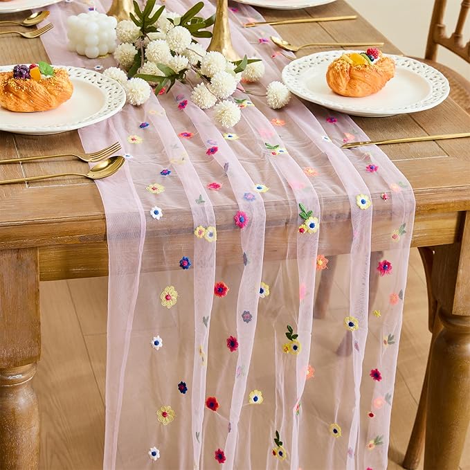 YATOJUZI Pink Table Runner Embroidery Daisy Summer Floral Decorations Seasonal Tulle Dining Table Runners for Home Kitchen Decor Wedding Shower Party