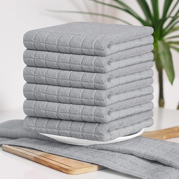Homaxy Premium Cotton Kitchen Towels 16"x 28", Large Natural Ring Spun 390 GSM Dish Towels, Super Absorbent Terry Kitchen Hand Towels, Soft Tea Towels with Hanging Loop, Pure Light Grey Design, 8 Pack