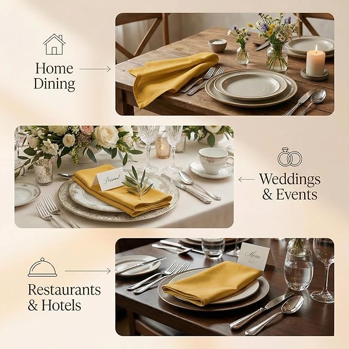 Accent Home 100% Cotton Napkins, Delicate Cloth Napkins for Dinners, Parties and Weddings，18 x 18 Inch Set of 6 - Mustard