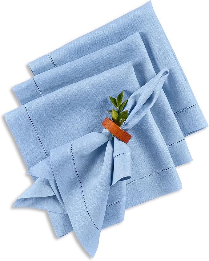 Solino Home Linen Cloth Napkins Set of 4-100% Pure Linen Cornflower Blue Dinner Napkins 20 x 20 Inch - Classic Hemstitch, Handcrafted and Machine Washable - Spring, Summer, Mothers Day