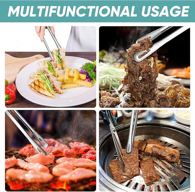 meekoo 6 Pcs 9.5 Inches Stainless Steel Korean BBQ Grill Tongs Japanese Barbecue Tongs for Cooking Portable Kitchenware Home Outdoor Steak Salad Food