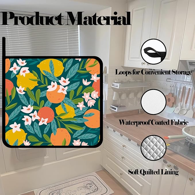 Yellow Lemons Pot Holders Set of 2,Cartoon Fruit Kitchen Heat Resistant Potholders for Microwave Cooking Baking Oven and BBQ Gifts for Women