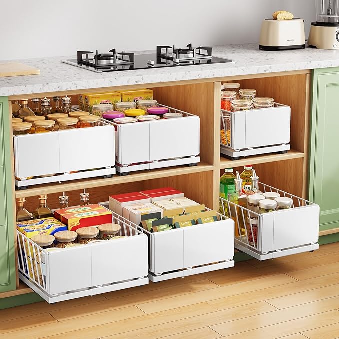 Pull out Cabinet Organizer, 2-Pack Expandable Width(9.8"-13.8") Heavy Duty Slide out Drawers with Raising Pad for Framed Cabinets, Adhesive Roll Out Shelves for Pantry, Kitchen,Bathroom Storage(White)