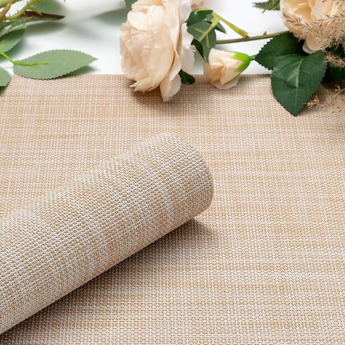 Myir JUN Placemats Set of 10, Vinyl Woven Placemats Place Mats Indoor Set of 10 Washable Table Mats Non-Slip Place mats for Dining Table (A-Beige)