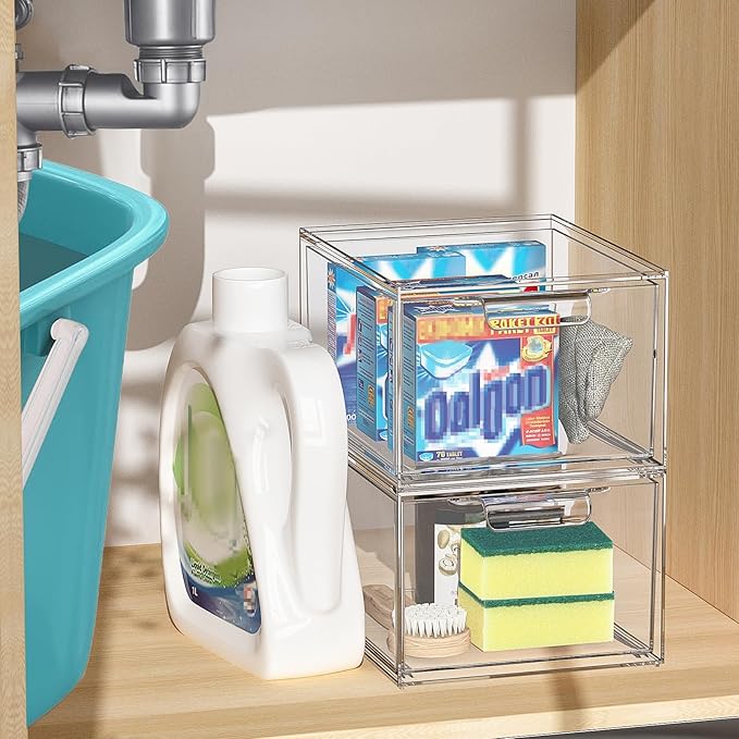 SpaceHacks 4 Pack Stackable Makeup Organizer and Storage, Acrylic Organizers，Clear Plastic Storage Drawer with Handles for Vanity, Undersink, Kitchen Cabinets, Pantry