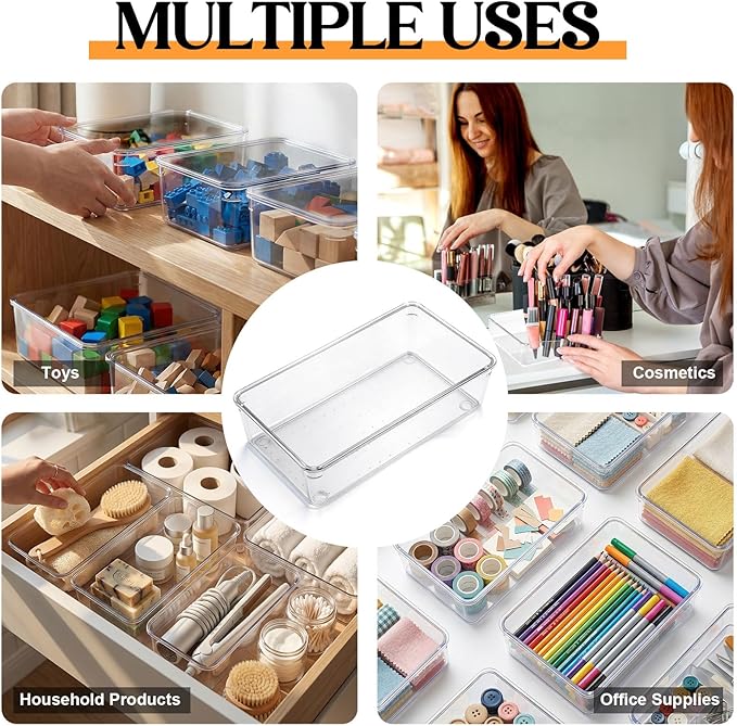 Maitys 12 Pcs Clear Drawer Organizer 9 x 6 x 2 Inches Plastic Rectangle Trays Makeup Vanity Storage Bins and Kitchen Drawers Dividers for Office Desk Silverware Kitchen Utensils