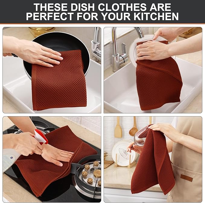 Kitinjoy 100% Cotton Waffle Weave Kitchen Hand Towels, 6-Pack Super Soft and Absorbent Dish Towel for Drying Dishes (13 X 28 Inches, Rust)