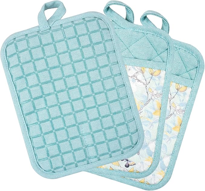 Pot Holders Set of 3 Silicone Printing Non Slip Heat Resistant, Yarm-Dyed Hot Pads Cotton Home Kitchen Cooking Barbecue Microwave Women Men Machine Washable BBQ Grilling. (Light Blue Potholders)