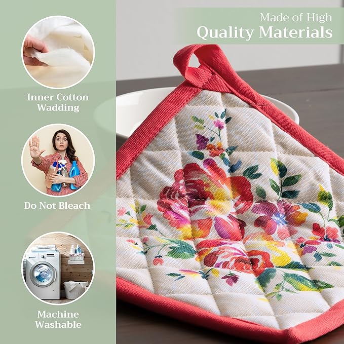 Maison d' Hermine Pot Holders 100% Cotton Heat Resistant Potholders 8" x 8" Hot Pads with Loop BBQ Cooking Baking Gifts for Mothers Day Handling Hot Pans Spring/Summer (Pack of 1, Rose Garden)