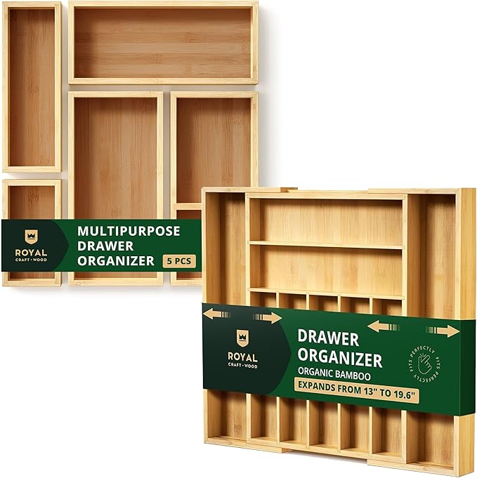 ROYAL CRAFT WOOD Luxury Bamboo Kitchen Drawer Organizer and Storage Box 5pcs Bundle