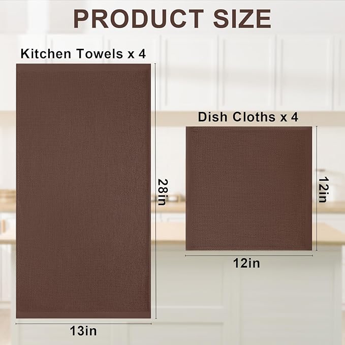 Homaxy 100% Cotton Kitchen Towels and Dishcloths Set - 8 Pack Waffle Weave Soft and Absorbent Dish Towels - 26 X 16 Inch and 12 X 12 Inch - Coffee
