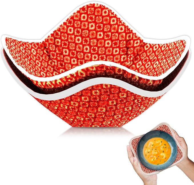 Set of 2 Microwave Bowl 4x7x7 Inch Polyester Cloth Hot Pads with Red Pattern - Multipurpose Heat Resistant Plate Holders - Ramen Pot Cozy or Soup - Pot Holder Microwavable Bowl Cozies for Food