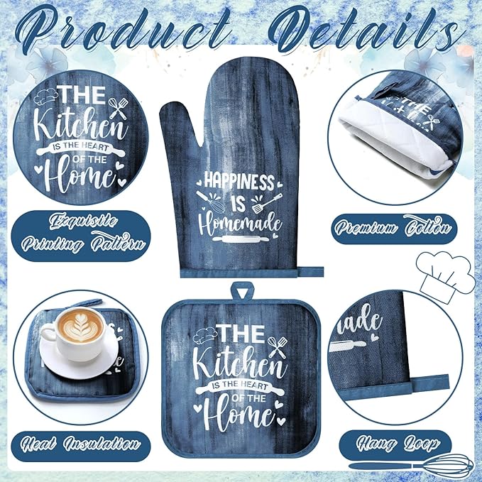 Fourluoo 8 Pcs Blue Kitchen Towels and Dishcloths Sets Oven Mitts and Pot Holders Sets Absorbent Kitchen Gloves Potholders Heat Resistant for Chef Baking Cooking