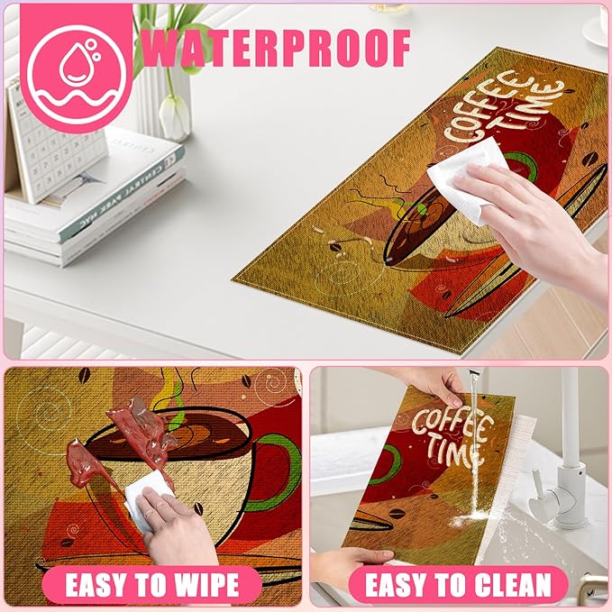 Coffee Time Placemats Set of 6,12x18 Inch Linen Place Mat Washable Stain Resistant Table Mats for Spring Summer Seasonal Farmhouse Kitchen Party Home Decor