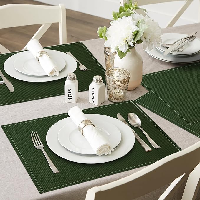 Niviy Dark Green Placemats Set of 4, 12x18 Inch Washable Easy to Clean Heat-Resistant Anti-Skid Grey Placemats for Holiday Party Kitchen Dining Room Decoration