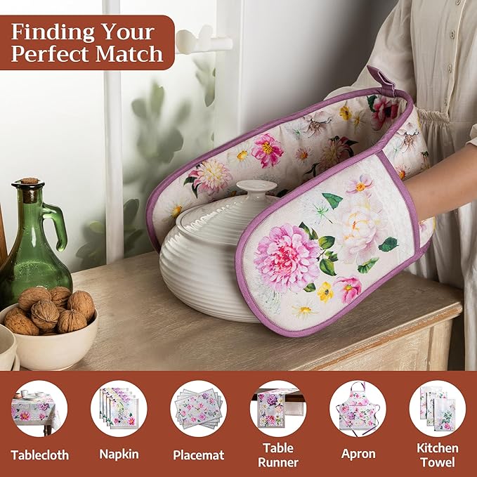 Maison d' Hermine Pivoine 100% Cotton Easter Double Oven Glove with Loop Heat Resistant for BBQ | Cooking | Baking | Grilling | Microwave | Barbecue | Spring/Summer (7.5 Inch by 35 Inch)