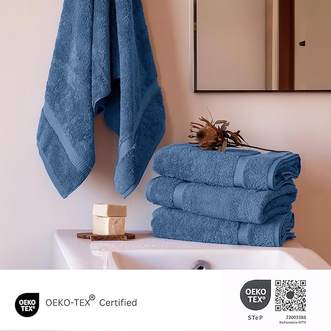 SALBAKOS 100% Turkish Cotton Bath Towels | 4 Piece Turkish Bath Towels Blue 27x54 in Standard Size | Premium Hotel Quality, Super Absorbent, Thick & Plush Turkish Bath Towel (Blue, 4 Bath Towels)