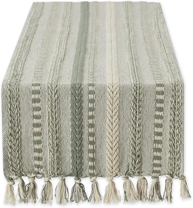 DII Farmhouse Braided Stripe Table Runner Collection, 15x72 (15x77, Fringe Included), Artichoke Green