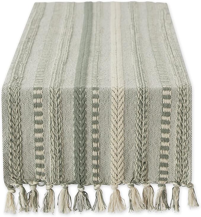 DII Farmhouse Braided Stripe Table Runner Collection, 15x108 (15x113, Fringe Included), Artichoke Green