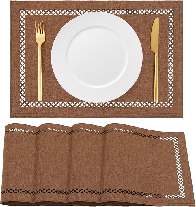 Linen Cloth Placemats Set of 4, HADEEONG 12 x 18 Inch Hollow Edge Place Mats Washable Heat Resistant Placemats Cloth Table Mats for Dining Table Home Decor (Brown, 4)