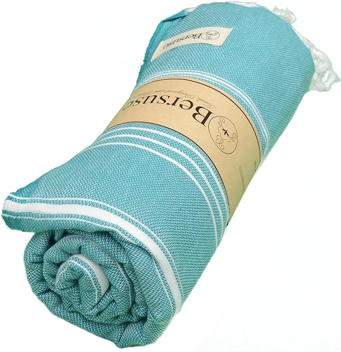 Bersuse Towels Anatolia XL Beach Blanket Throw Blanket Turkish Towel 100% Cotton Extra-Large Quick-Dry Lightweight Premium Peshtemal Towel - 61x82 Inches, Aqua (Set of 3)