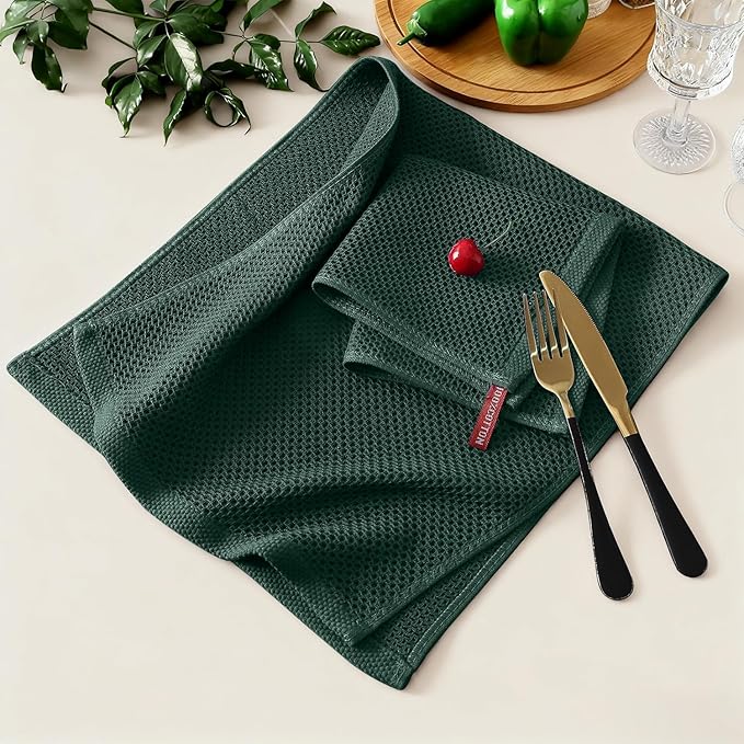 Kitinjoy 100% Cotton Kitchen Towels and Dishcloths Set, 8 Pack-13" x 28" and 12" x 12" Waffle Weave Dish Towels, Ultra Soft Absorbent Quick Drying Dish Rags, Blackish Green