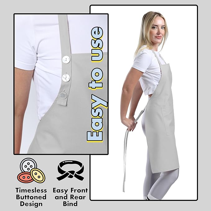 TOSHE Kitchen Apron Waterdrop Resistant Cotton Apron with adjustable Aprons for Women with Pockets 10 Color option Cooking Silver Apron (Silver)