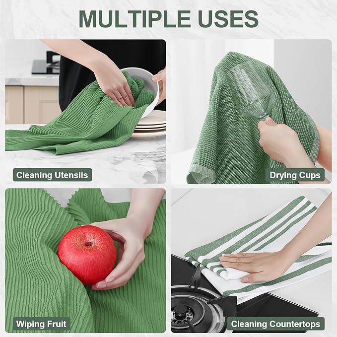 Homaxy Premium Kitchen Towels(18”x 28”, 3 Pack), Large Cotton 380 GSM Kitchen Hand Towels, Soft and Absorbent Terry Dish Towels, Multipurpose Tea Towel Set with Hanging Loop, Grass Green