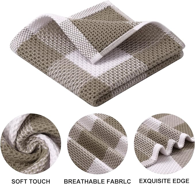 Mordimy 100% Cotton Waffle Weave Plaid Dish Cloths, 12 x 12 Inches, Super Soft and Absorbent Quick Drying Buffalo Check Dish Rags for Kitchen, 8-Pack, Khaki & White